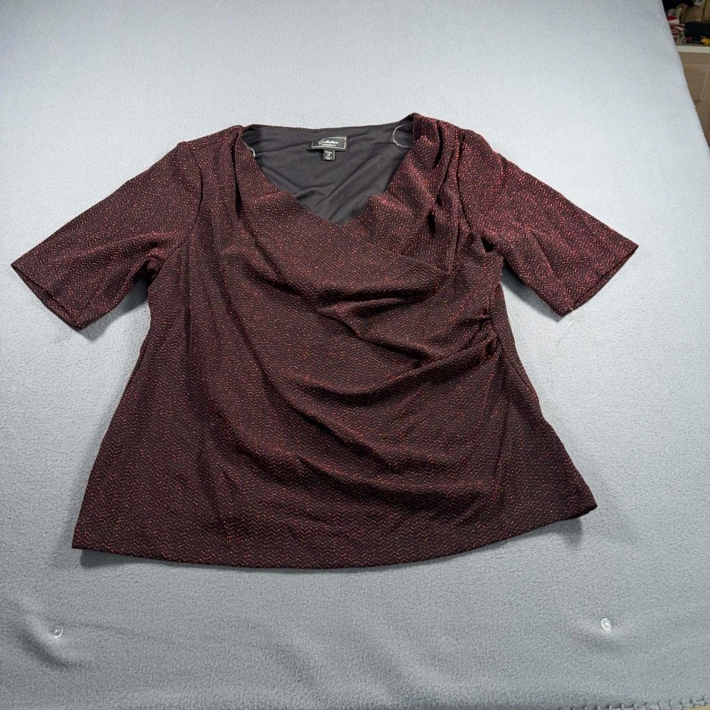 Dressbarn 2X Red Metallic Shimmer Blouse Cowl Neck Ruched Party Holiday Top NWOT